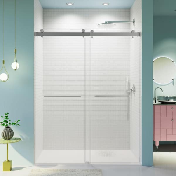 60 in. W x 76 in. H Double Sliding Frameless 3/8 in. SGCC Clear Tempered Glass Shower Door in Brushed Nickel, Reversible