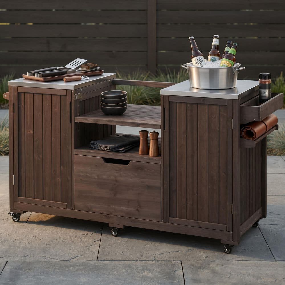 Ximuprmy Brown Wood 66 in. Kitchen Island with Stainless Steel Top