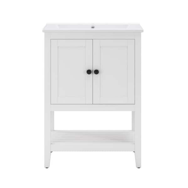 24 in. Single Sink Freestanding White Bath Vanity with White Ceramic Top, Open Shelf and 2 Doors