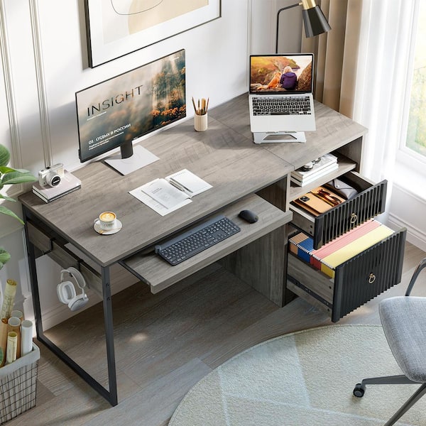 55 in. Grey 2-Drawers Writing Computer Desk with Open and File Storage, Keyboard Tray and Practical Hook