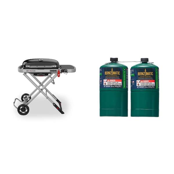 Traveler Portable Propane Gas Grill in Black and 1 lb. All-Purpose Propane Gas Cylinder (2-Pack) Combo