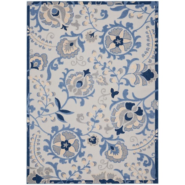 Nourison Aloha Blue/Gray 8 ft. x 11 ft. Floral Modern Indoor/Outdoor Patio Area Rug