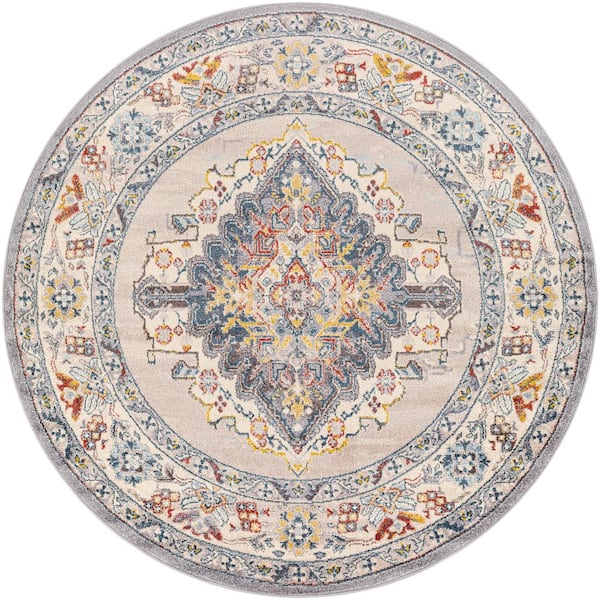 Livabliss Chandi Blue/Orange 6 ft. 7 in. x 6 ft. 7 in. Round Medallion Area Rug
