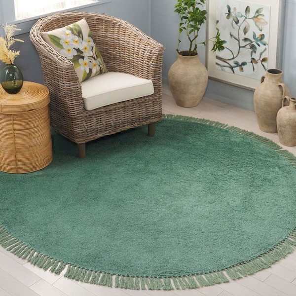 Easy Care 3 ft. x 3 ft. Green Modern Solid Fringe Round Area Rug