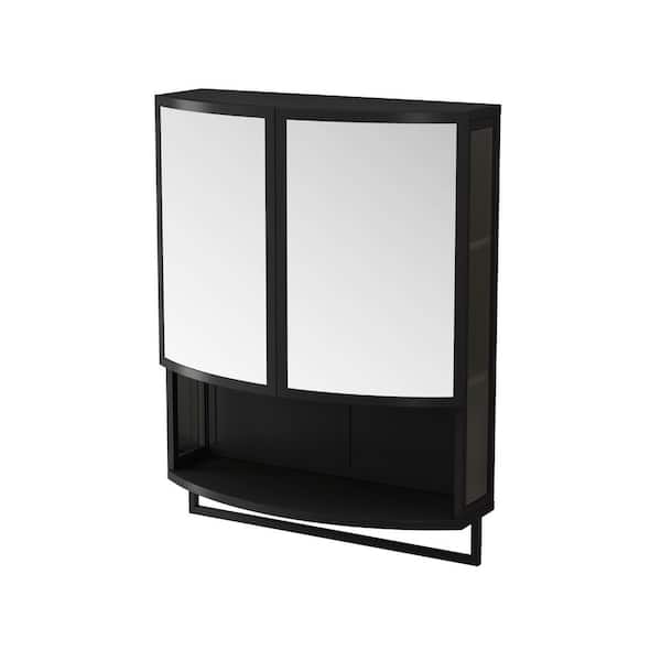 23.62 in. W x 31.5 in. H Black Rectangular Metal Medicine Cabinet with Mirror Open Shelf and Towel Rack