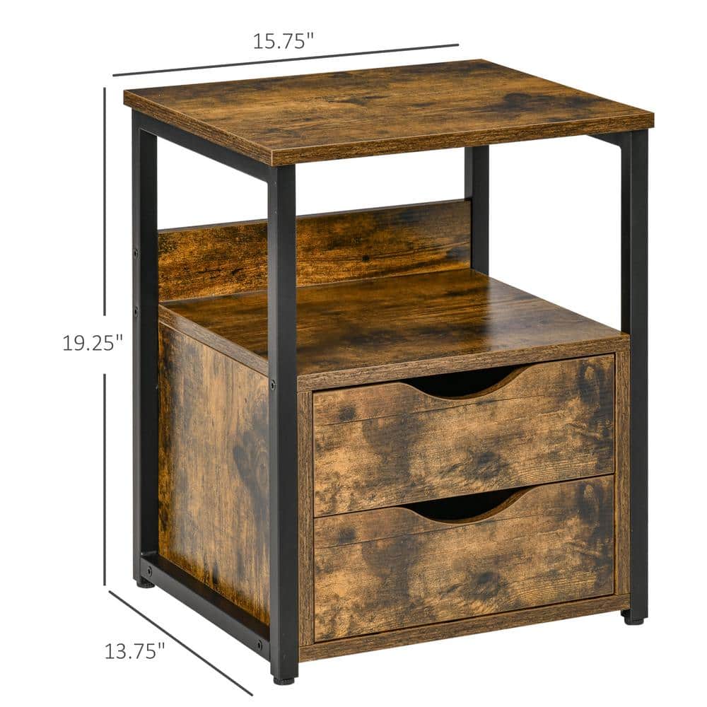 Rustic Brown Wood and Black Steel Side Table with Storage Drawers