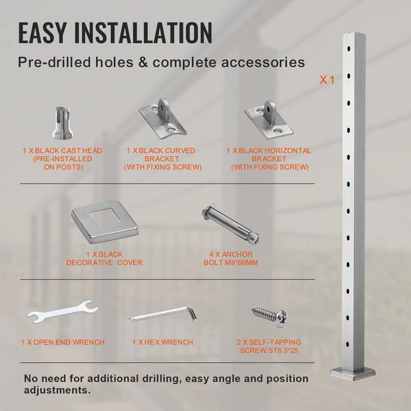 VEVOR Cable Railing Post 42 in. L x 2 in. W x 2 in. H 30° Angled Hole Stair Railing Post SUS304 Stainless Steel Rail Post