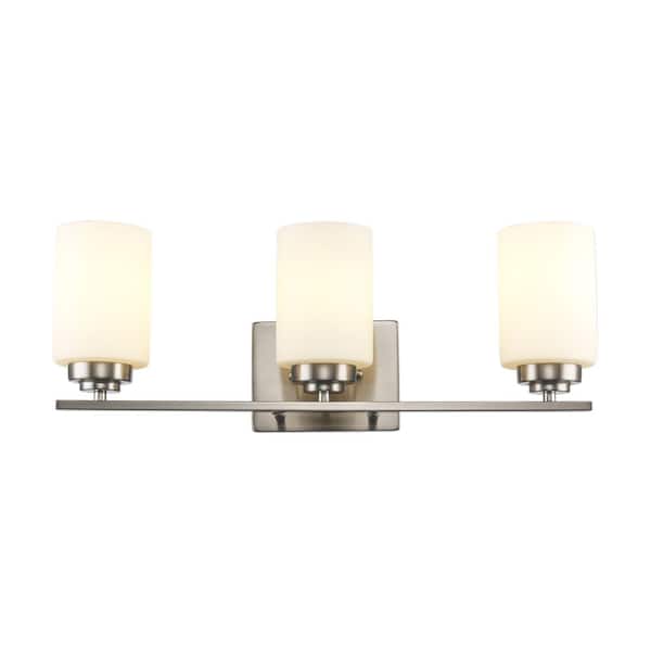 Mod Pod 22 in. 3-Light Brushed Nickel Bathroom Vanity Light Fixture with Frosted Glass Cylinder Shades