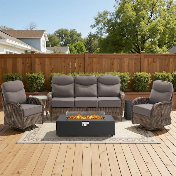 High Crescent 5-Piece Brown Wicker Patio Conversation Set with Gray Cushions and Split-Type Fire Pit Table