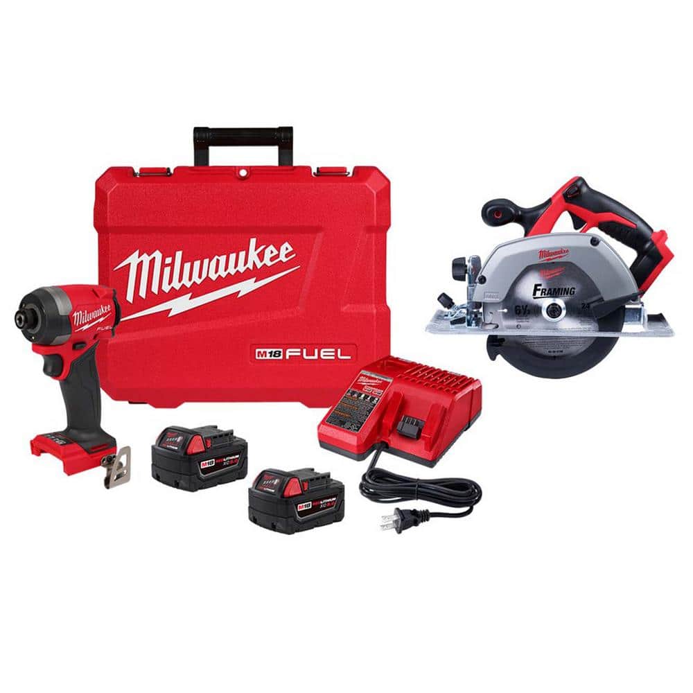 Milwaukee M18 FUEL 18-V Lithium-Ion Brushless Cordless 1/4 in. Hex Impact Driver Kit with 6-1/2 in. Circular Saw -  2953-22-2630