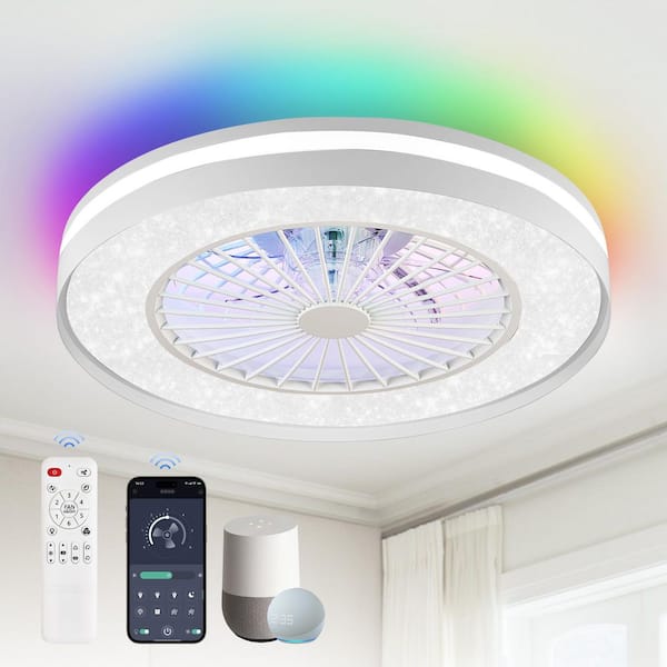 HINNIXY 20 in. Indoor White Enclosed Flush Mount Ceiling Fan with Light, Smart Voice and Mobile App Control