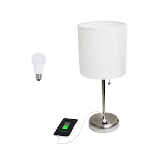 19.5 in. Contemporary Bedside USB Port Base Standard Metal Table Desk Lamp in Brushed Steel, White Shade, with LED Bulb