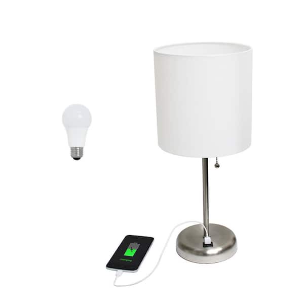Creekwood home 19.5 in. Contemporary Bedside USB Port Base Standard Metal Table Desk Lamp in Brushed Steel, White Shade, with LED Bulb