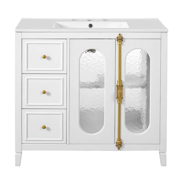 36 in. Freestanding White Bath Vanity with White Ceramic Top 2 Soft-close Doors and 3 Drawers