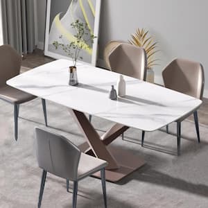 70.87 in. Gray Round Edge Sintered Stone Top Rectangle Dining Table with Cross Purple Metal Leg (Seats 6)