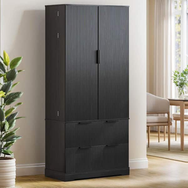 Black Engineered Wood 31.5 in. W Freestanding Pantry Cabinet with Adjustable Shelves and 2-Large Drawers