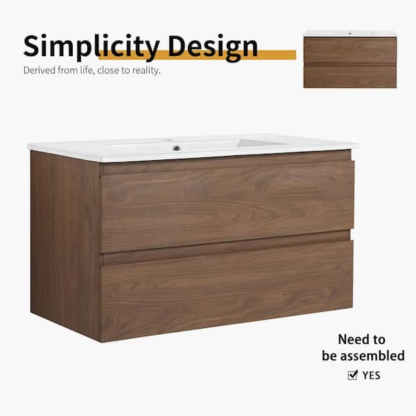 35.90 in. W Floating Wall-Mounted Bath Vanity in Brown Oak with White Ceramic Top