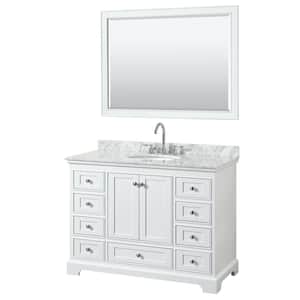Deborah 48 in. Single Vanity in White with Marble Vanity Top in White Carrara with White Basin and 46 in. Mirror
