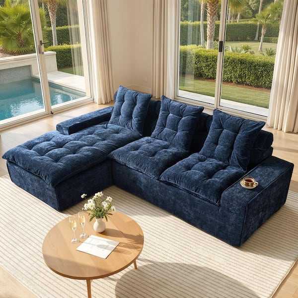 YAMI 106 in. Wide Arm 2-Piece Modern Chenille L-Shape Modular Boneless Couch Sectional Sofa in Blue with Left Chaise