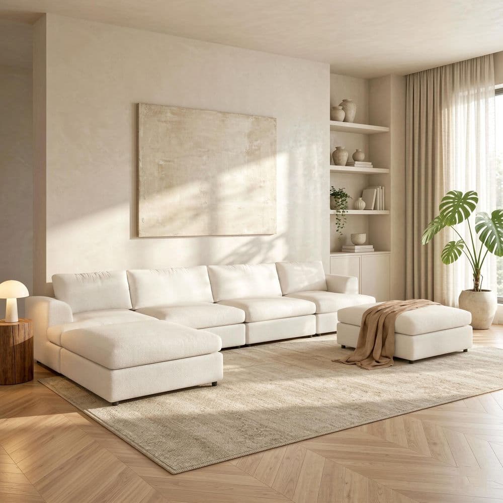 157.5 in. Flared Arm 6-Piece Boucle Fabric Modular Sectional Sofa Oversized Couch with Washable Covers Ottomans in Beige