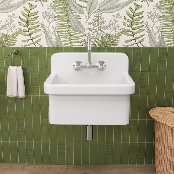 24 in. W x 20 in. D Wall Mount Laundry/Utility Sink in White Floating Ceramic Sink Farmhouse with Bracket and Strainer