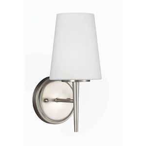Driscoll 5 in. 1-Light Contemporary Modern Brushed Nickel Wall Sconce Bathroom Vanity Light with Etched White Glass