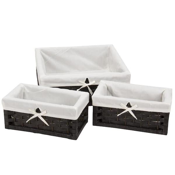 HOUSEHOLD ESSENTIALS Paper Rope Lined Utility Basket in Black with Washable Cotton Liner (Set of 3)