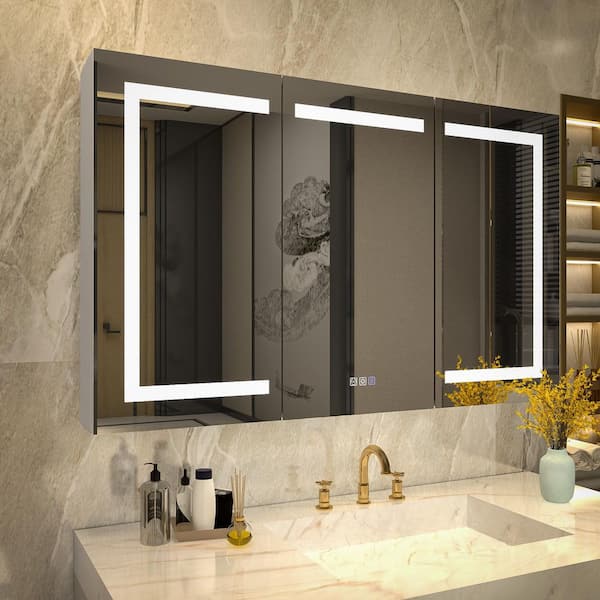 48 in. W x 30 in. H Rectangular Silver Aluminum Recessed/Surface Mount Medicine Cabinet with Mirror and LED