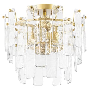 Redford 14.96-in. 3-Light Modern Drum Brushed Gold Glam Ice Linear Crystal Semi-Flush Mount Ceiling Light for Bedroom