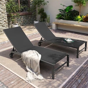 Outdoor Aluminum Adjustable Patio Chaise Lounge Chair Recliner wtih Wheels in Black (Set of 2)