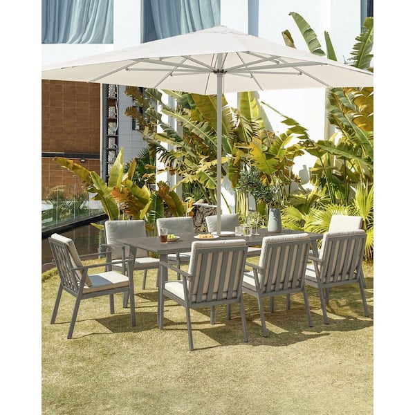 RUIZI Gray 9-Piece Aluminum Outdoor Dining Set with Rectangular Table and Beige Cushions