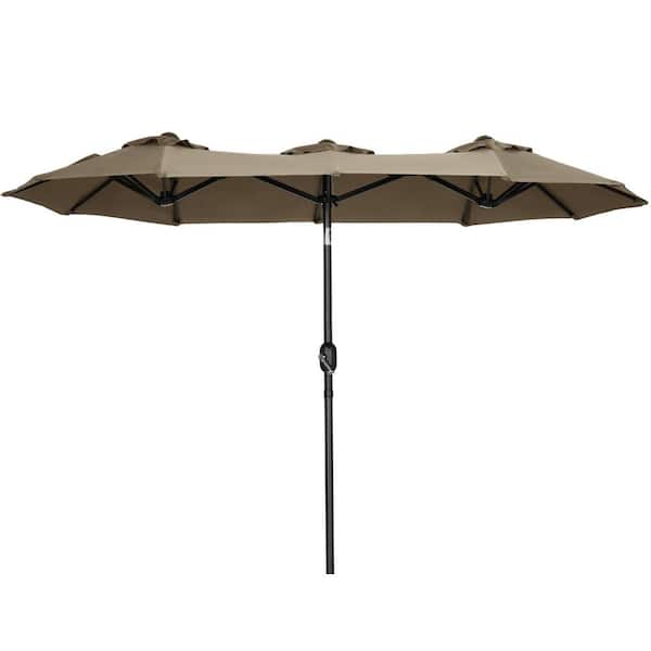 9.5 ft. Double-sided Patio Umbrella in Brown with Push Button Tilt and Crank, 3 Air Vents and 12 Ribs, for Garden, Deck