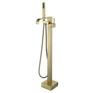 2-Handle 2-Sprays Freestanding Tub Faucet 2.9 GPM with Hand Shower Mixer Taps and Spout in Brushed Gold (Valve Included)