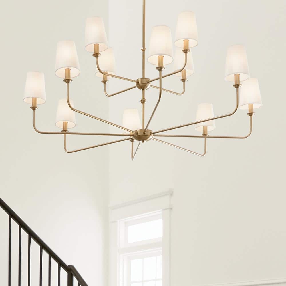 Brushed Natural Brass 12-Light Chandelier with Fabric Bell Shades