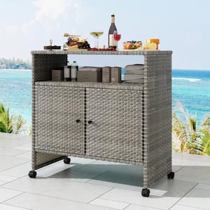 Large Outdoor Rolling Wicker Bar Counter Table Patio Serving Bar Cart with Storage for Poolside, Porch, Backyard, Party