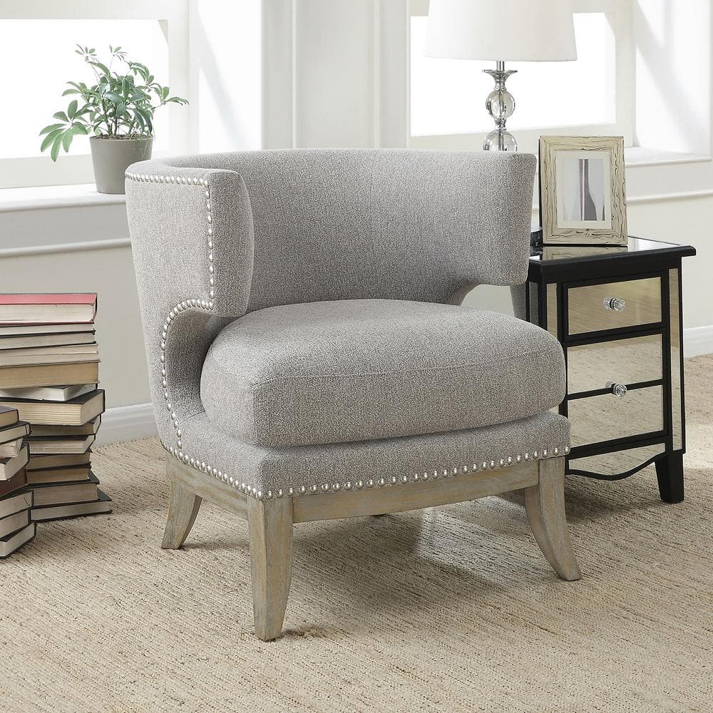 Transitional Grey Barrel Accent Chair with Weathered Wood