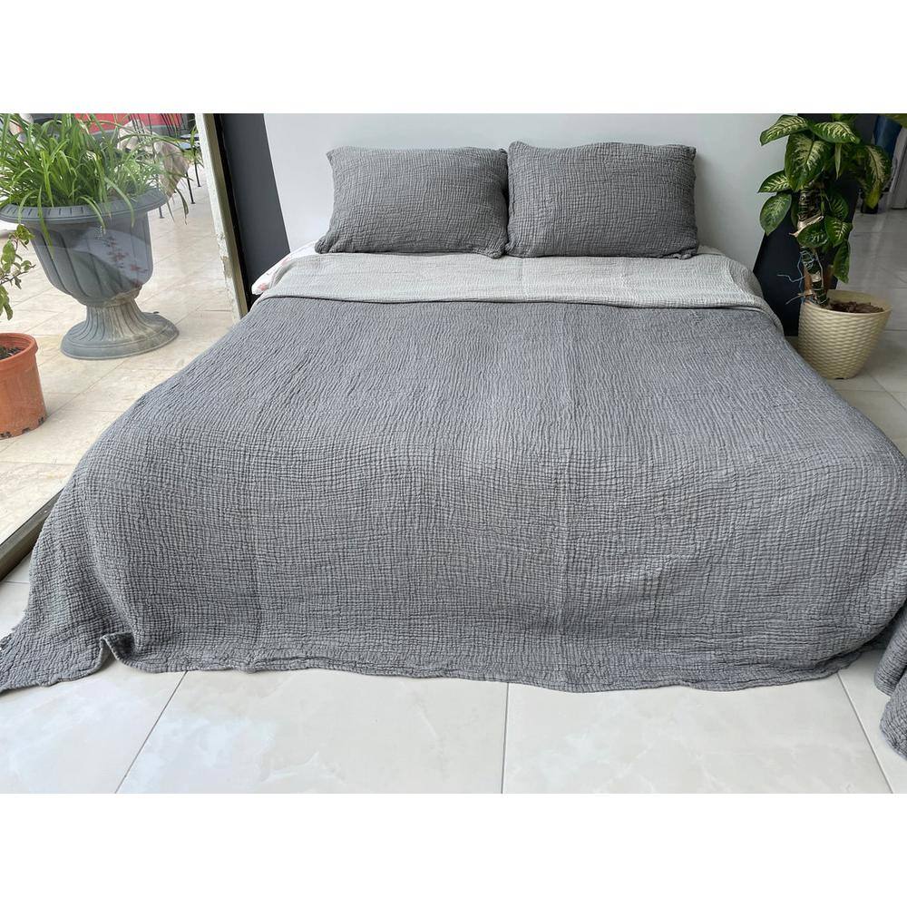 Anthracite Queen Reversible Organic Cotton Bedspread Set