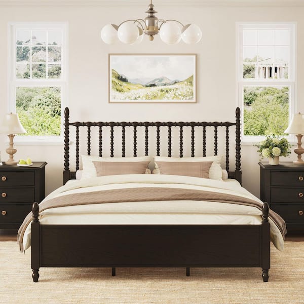 Brown Solid Wood Frame King Size Platform Bed Frame with Spindle Design Headboard, Slat, and Footboard