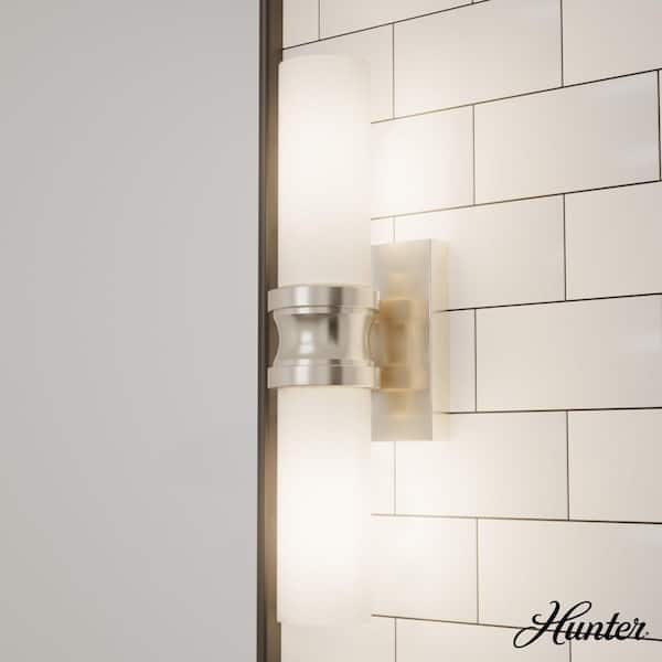 Hunter Lenlock 16 in. 2 Light Brushed Nickel Vanity Light with Cased White Glass Shades