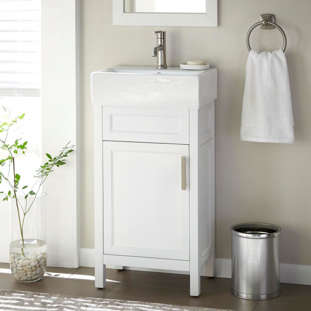 Arvesen 18 in. Single Sink Compact Bath Vanity in White with White Ceramic Top