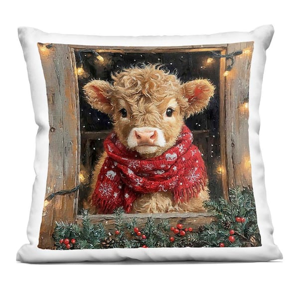 Stupell Industries Calf with Holly and Lights Garland Brown Abstract Polyester 18 in. x 18 in. Throw Pillow