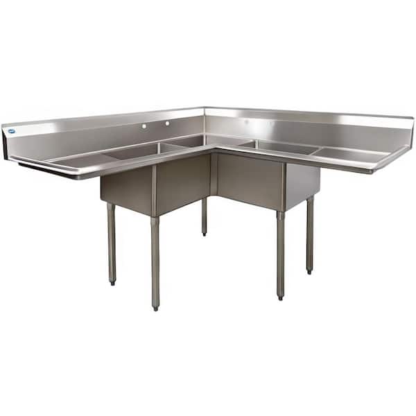 57 in. Freestanding Stainless Steel Commercial NSF 3 Compartments Sink EC3T1818LRC with Drainboard 18-Gauge