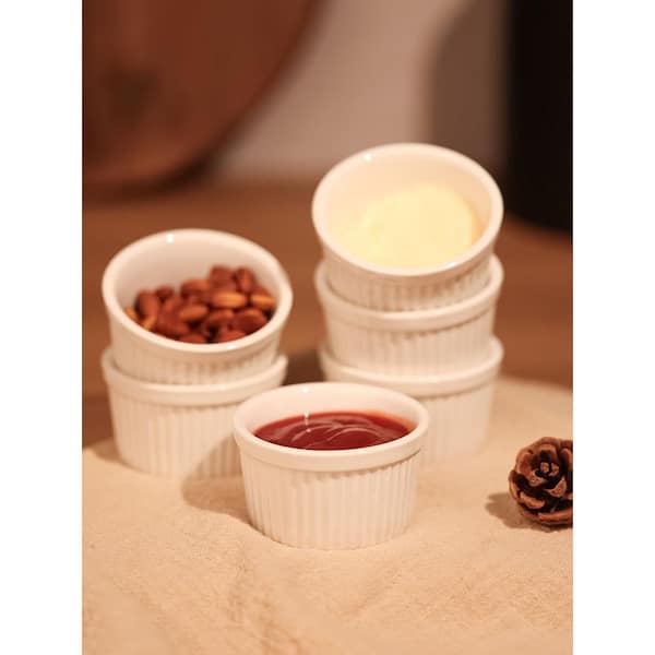 6 Piece Round Ceramic Mini Ramekins Souffle Custard Pudding Bakeware Set with Oven Safe White Finish
