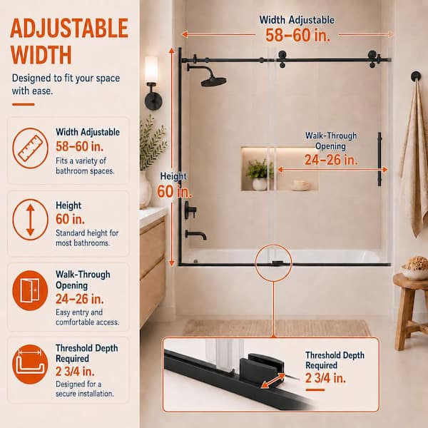 Ridge 60 in. W x 60 in. H Sliding Semi-Frameless Tub Door in Matte Black Finish with Clear Tempered Glass