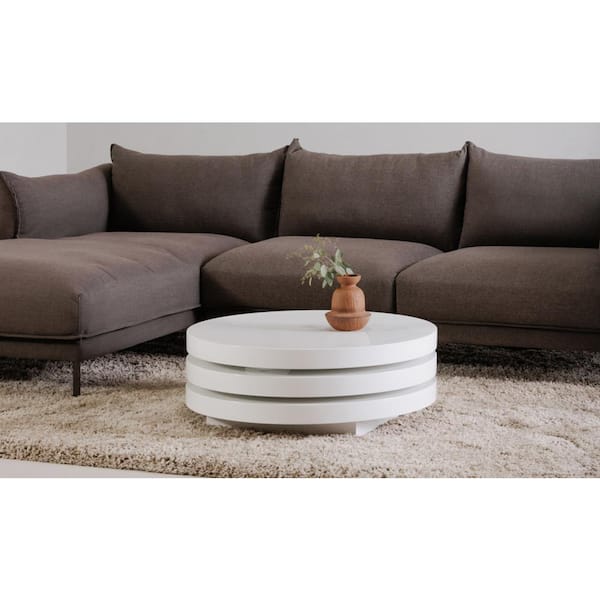 NADAAL STUDIOS Michael 31.5 in. x 31.5 in. x 12.5 in. White Round MDF Coffee Table High-Gloss Lacquer Swivel Top