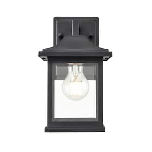 10 in. Wide 1-Light Textured Black Outdoor Hardwired Lantern Wall Sconce with Clear Glass