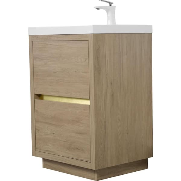 24 in. Single Sink Freestanding Oak Bath Vanity with White Resin Top (Assembled), Soft Close Drawers