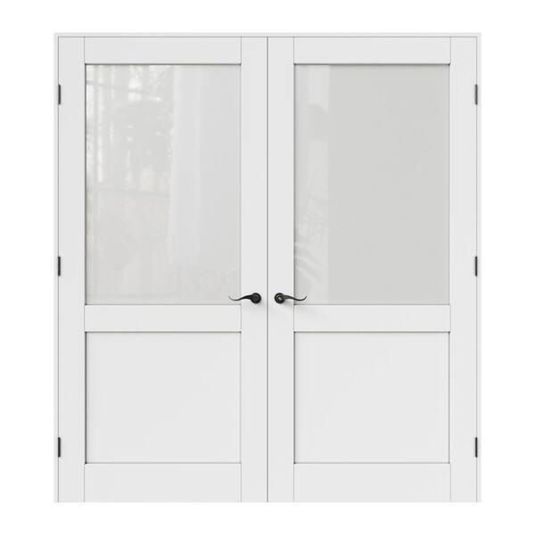 72 in. x 80 in. Universal Handed 1/2-Lite Frosted Glass White Solid Core French Door with Quick Assemble Jamb