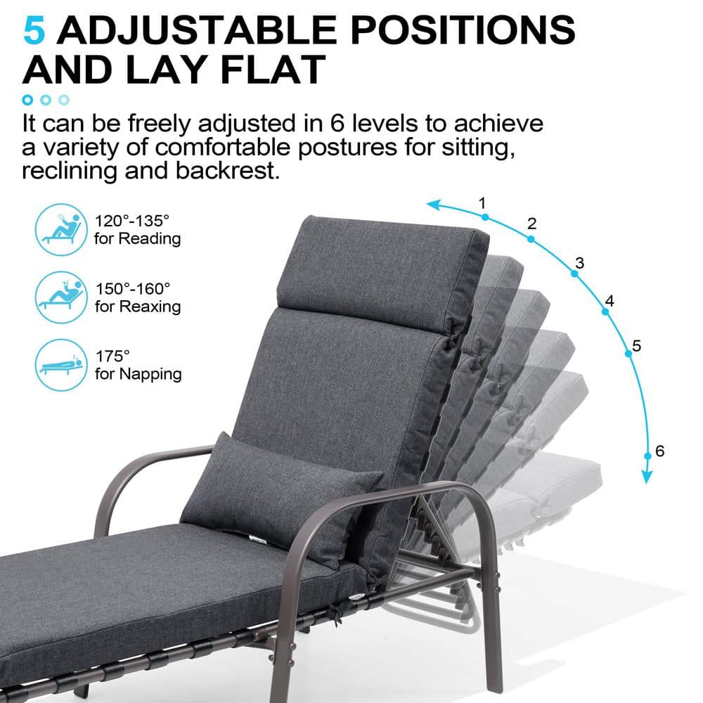 Infographic demonstrating the six adjustable reclining positions of the dark gray chaise lounge.