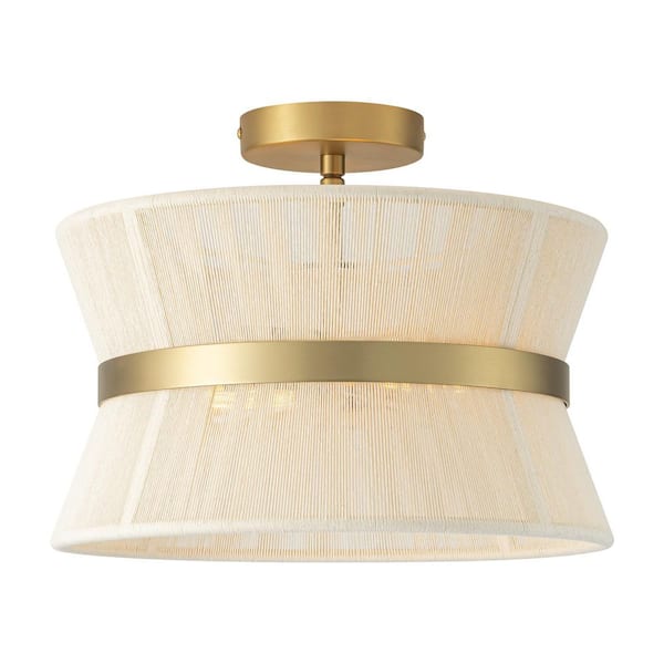 Maggie 13.7 in. W 2-Light Modern Boho Gold Drum Handwoven Natural Rope Semi-Flush Mount Light